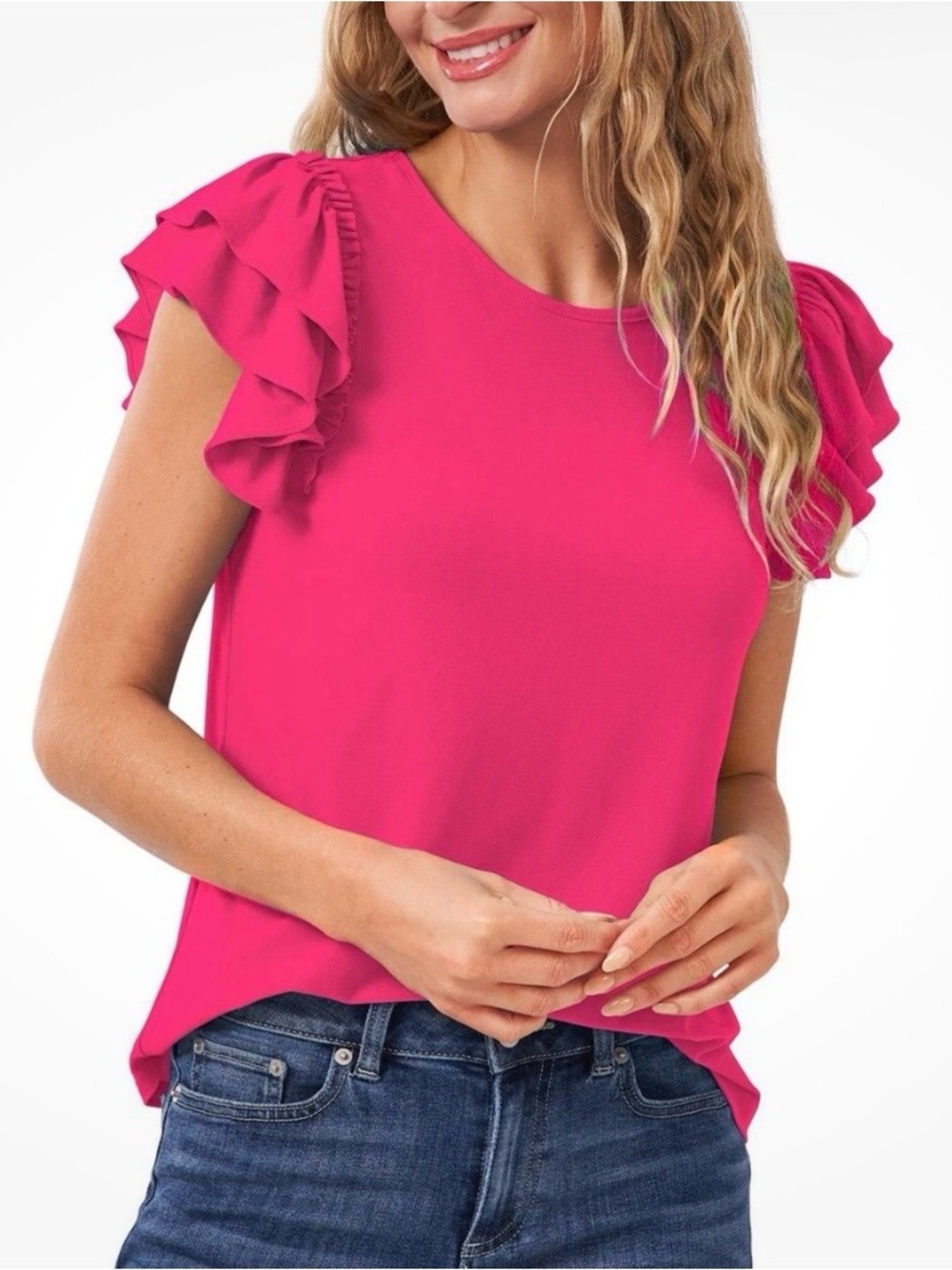 CeCe Women's Double Ruffle-Sleeve Crewneck Pullover Top in Fuchsia Pink Medium